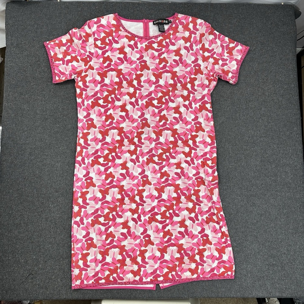 Richard Tyler Women Butterfly Print Mini Dress Pink Beaded L